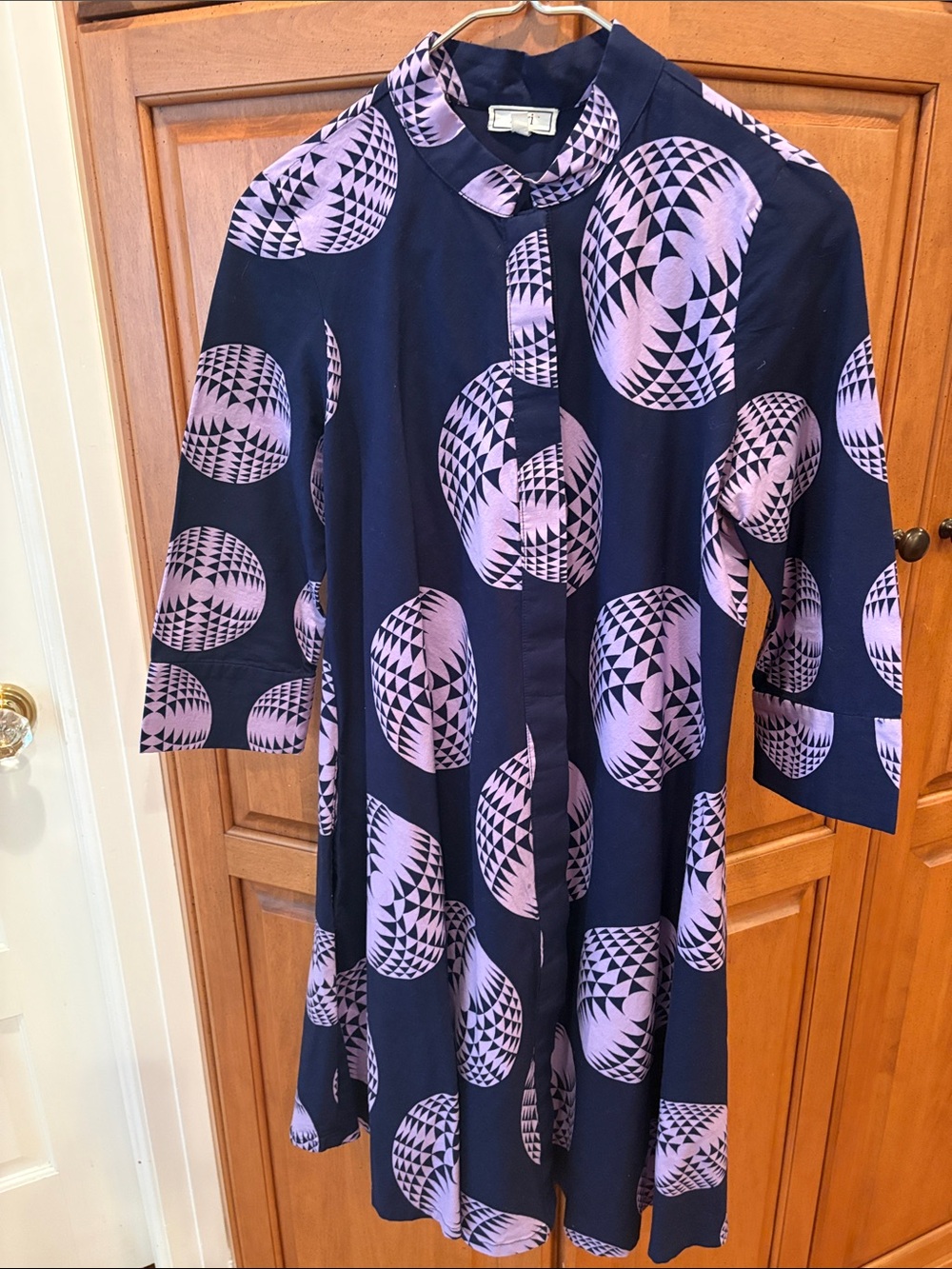 Zuri Kenya Navy Dress with Lavender Geometric  Print. Size S  Like New